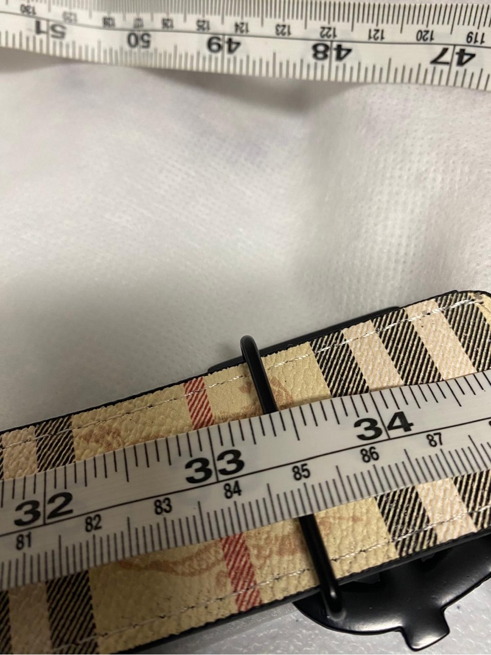 Burberry Men's Check Belt with Gold TB Monogram Buckle - Beige/Black - Picture 2 of 3